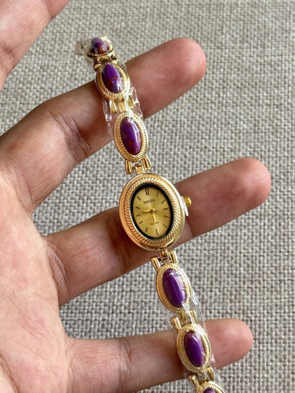 Y2K Purple Marbled Stone Gold Oval Bracelet Watch Boho Statement Retro OS